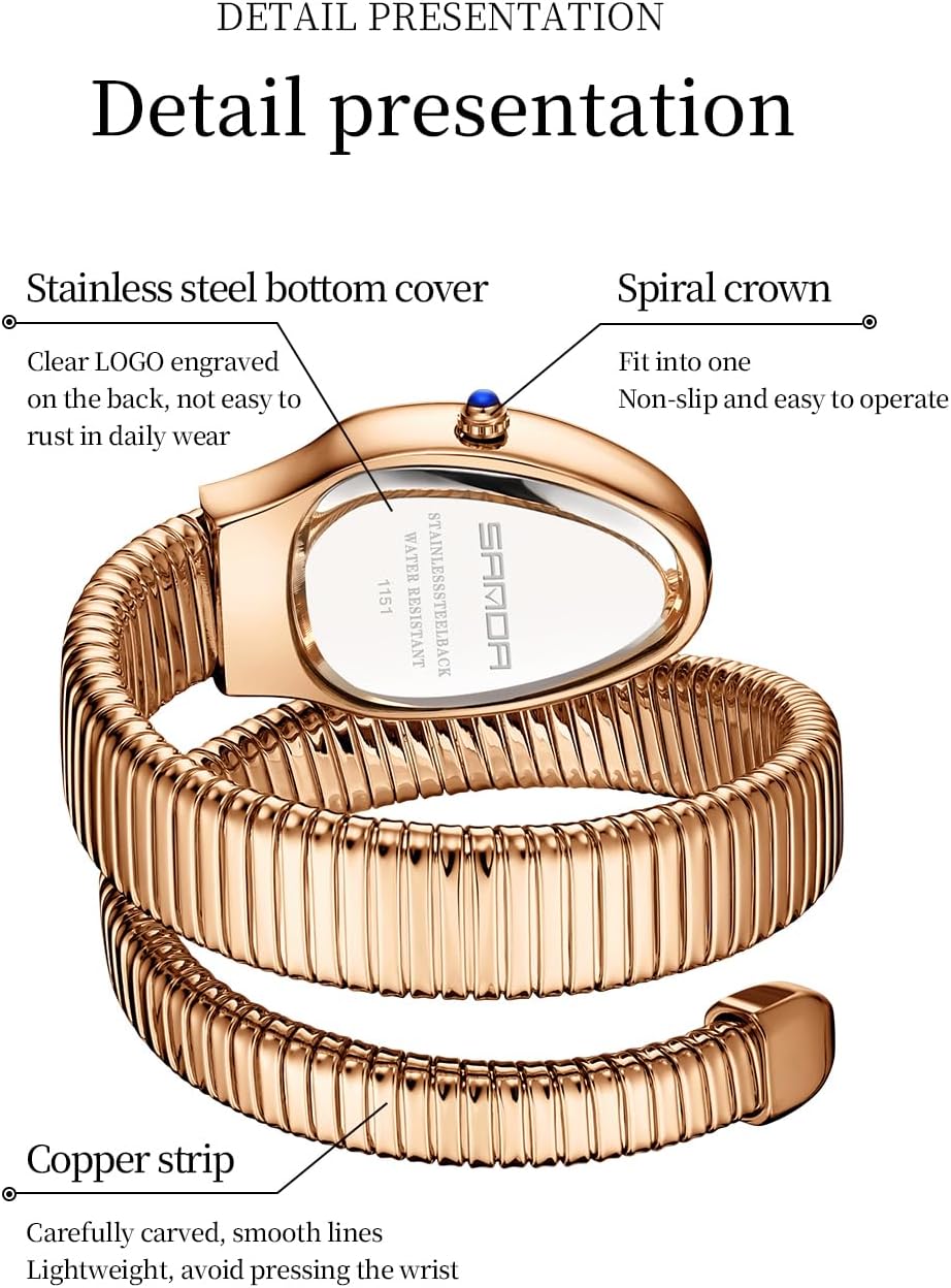 Gosasa Snake Bracelet Watch for Women, Elegant Bangle Wrist Watch with Flexible Wrap Strap Design, Fashion Jewelry Style Quartz Watch, Adjustable Cuff Watch for Dress & Gift - Image 5