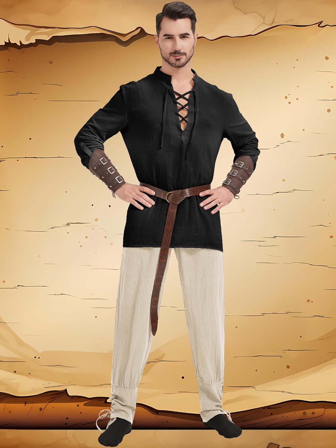 5 Pcs Men's Renaissance Costume Viking Costume Medieval Pirate Vintage Shirt Ankle Banded Pants Accessories Set - Image 3