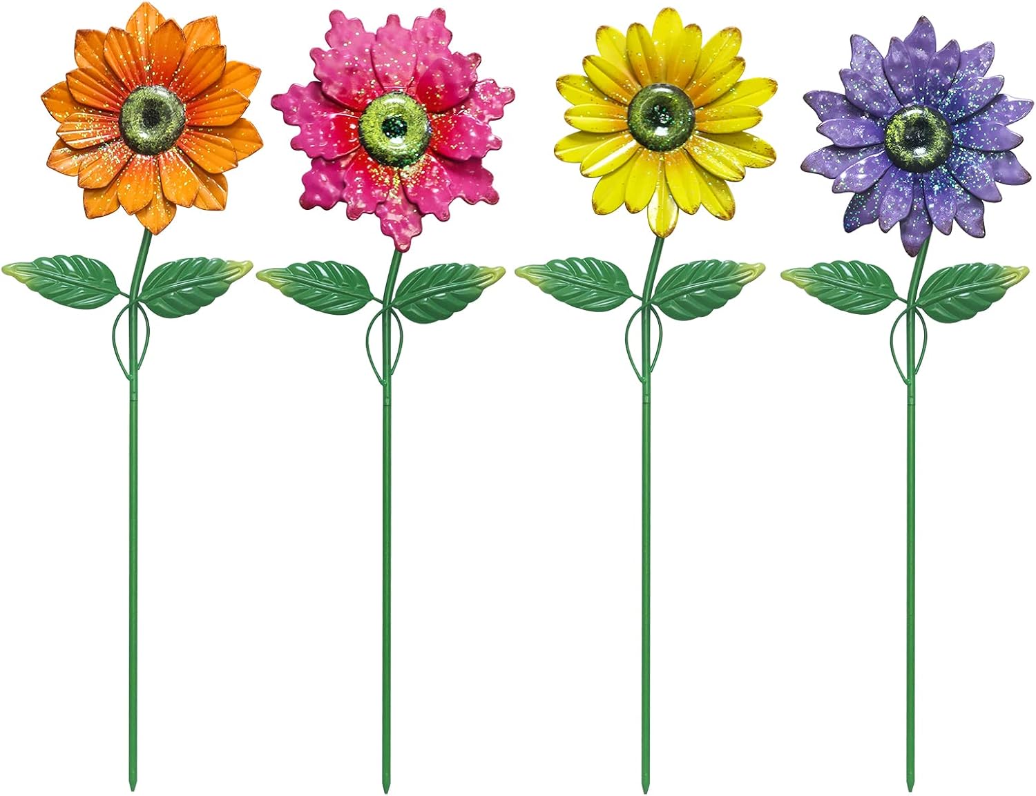 hogardeck Metal Flower Decorative Garden Stakes,4 Pcs 20" Outdoor Garden Decor Shaking Head Sunflowers Daisy Ornament, Yard Art Spring Decorations for Patio Lawn
