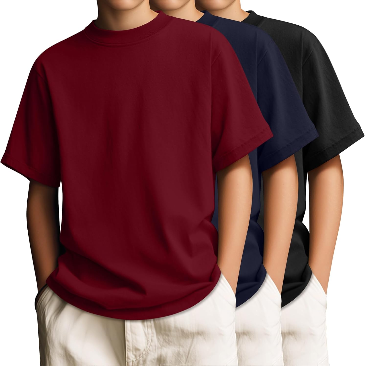 3 Pack Boys' T-Shirts Short Sleeve Crew Neck Kids Shirts Loose Fit Teen Basic Soft Plain Tees