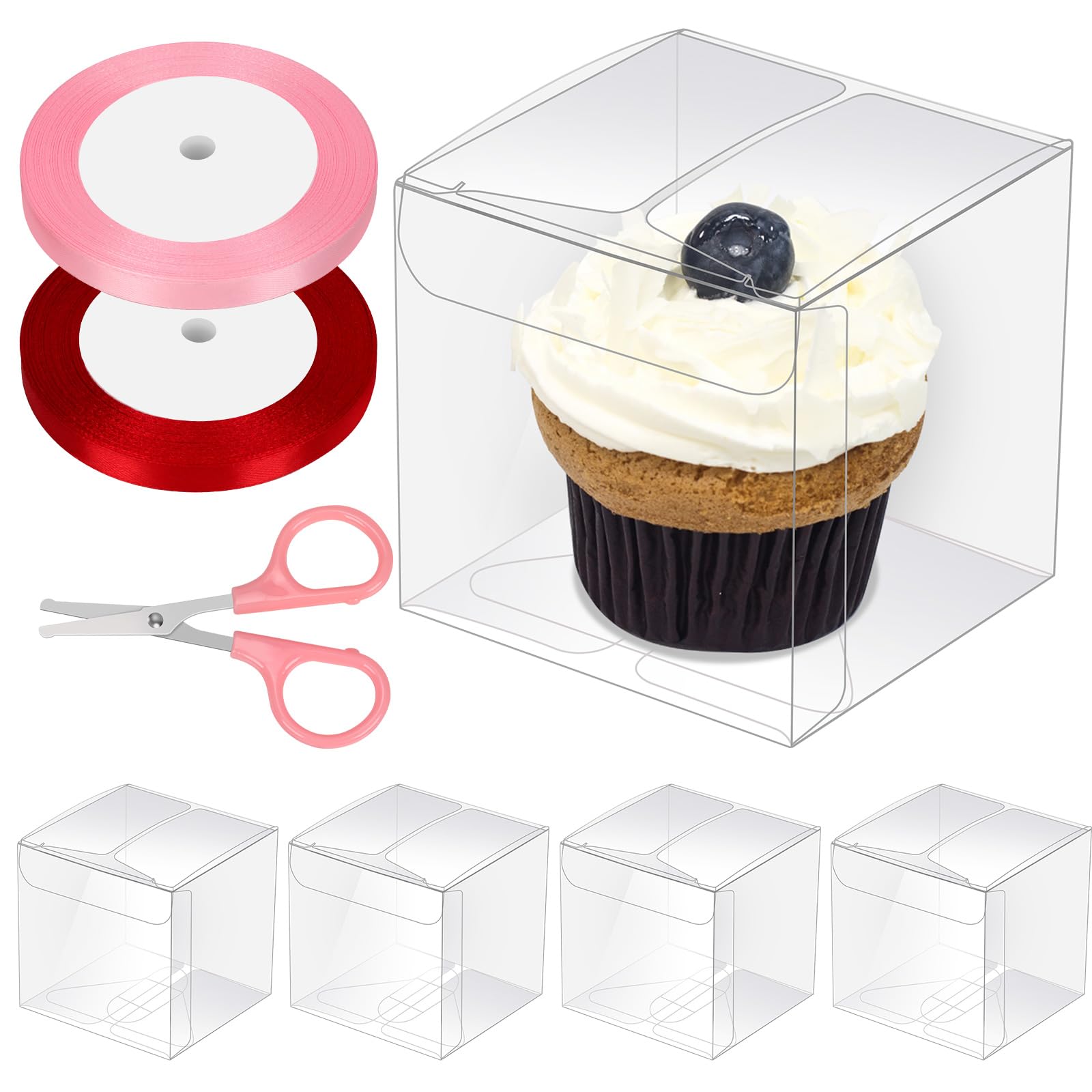 GLARKS 33pcs 2 x 2 x 2in Clear Favor Boxes Set Plastic Small Gift Boxes Transparent Cube Treat Boxes with 0.4in x 74ft Ribbons and Scissors for Wedding Baby Shower Birthday Party Favor