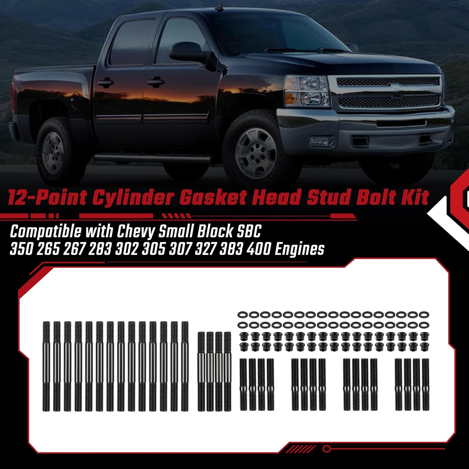 12-Point Cylinder Gasket Head Stud Bolt Set Compatible with Chevy Small Block SBC 350 265 267 283 302 305 307 327 383 400 Engines Replace 134-4001 279.1001