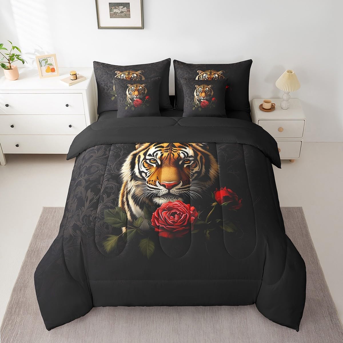 Erosebridal Yellow Tiger Queen Comforter Set Jungle Wild Animal Bed in A Bag 7 Pieces for Kids Adults,Red Rose Flower Soft Bedding Set Floral Wildlife Black Bed Set for Bedroom Decor