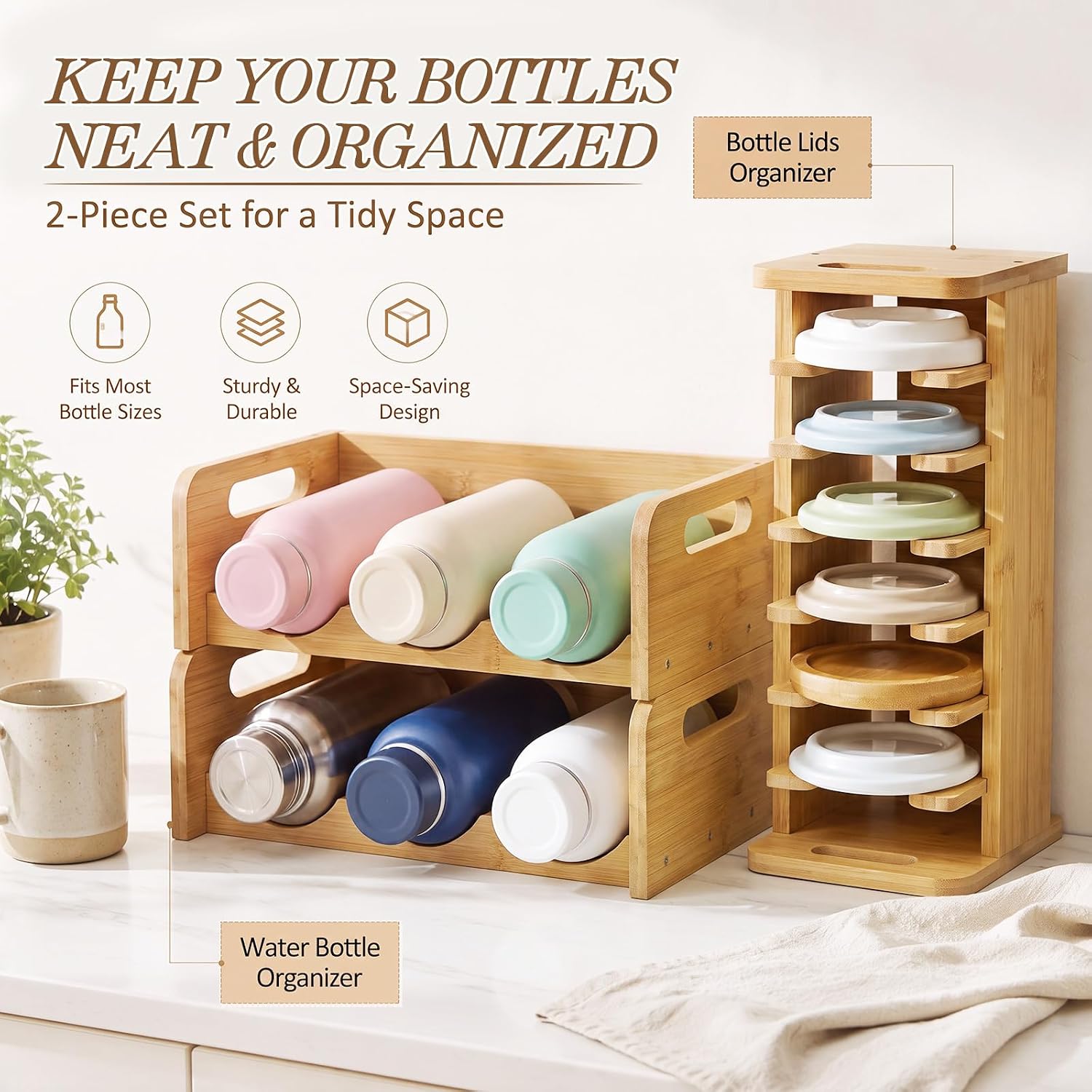 RattanView 3 Pcs Bamboo Water Bottle Organizer and Tumbler Lid Organizer for Kitchen Cabinet Kitchen Storage Rack for Coffee Home Cup and Wine Hold 6 Bottles 7 Lids