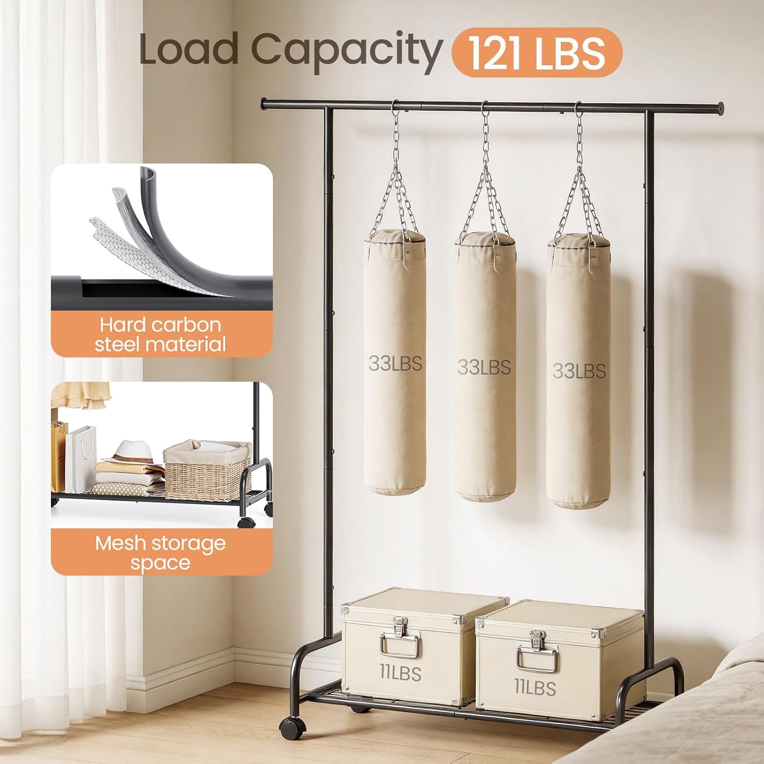 APEXCHASER Clothes Racks, Metal Clothing Racks, Rolling Garment Rack for Hanging Clothes, Coat Rack with Built-In Shelf for Bedroom Laundry Room