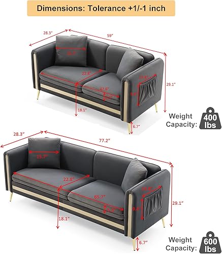 Miniatura 2 de Homtique Juego de sofá de 2 piezas moderno juego de muebles tapizados para sala de estar sofá biplaza de terciopelo con patas de metal dorado 4