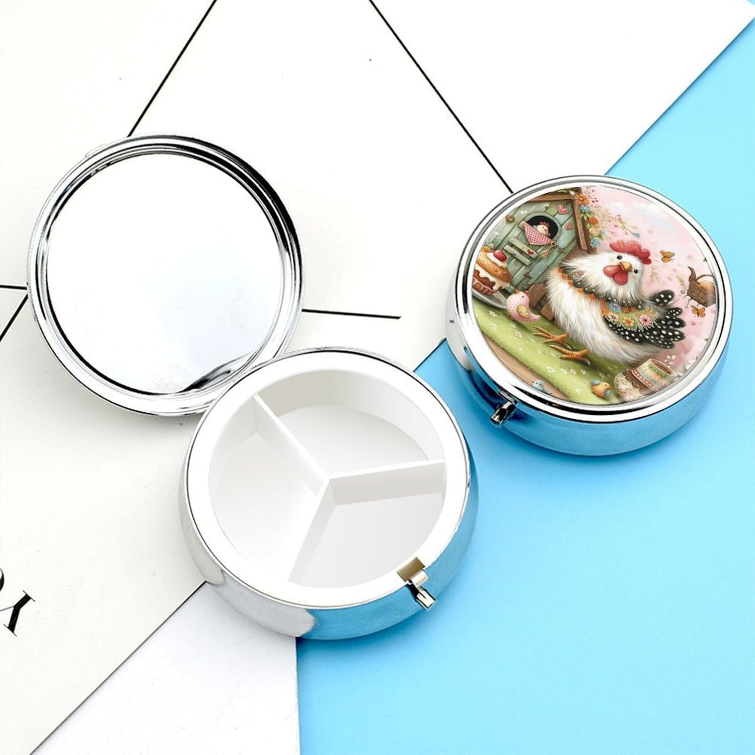 Chicken Round Pill Box with 3 Compartments & Mirror image 3