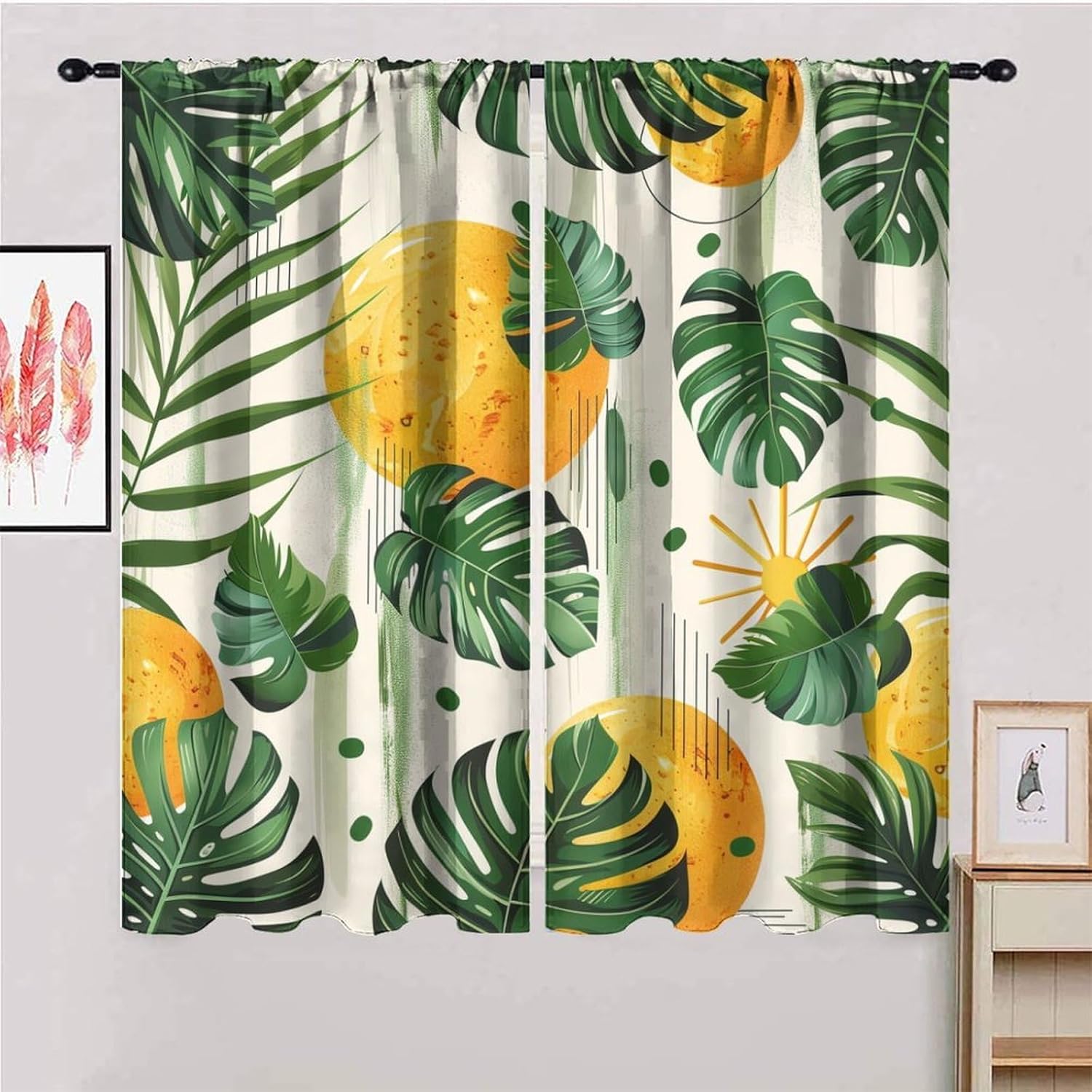 Indoor Blackout Curtain with Rod Pocket, Green Palm Leaves And Geometric Patterns Light Filtering Thermal Insulated Curtains, for Living Room Bedroom Bathroom Kitchen, 2 Panels, 84"W x 84"L