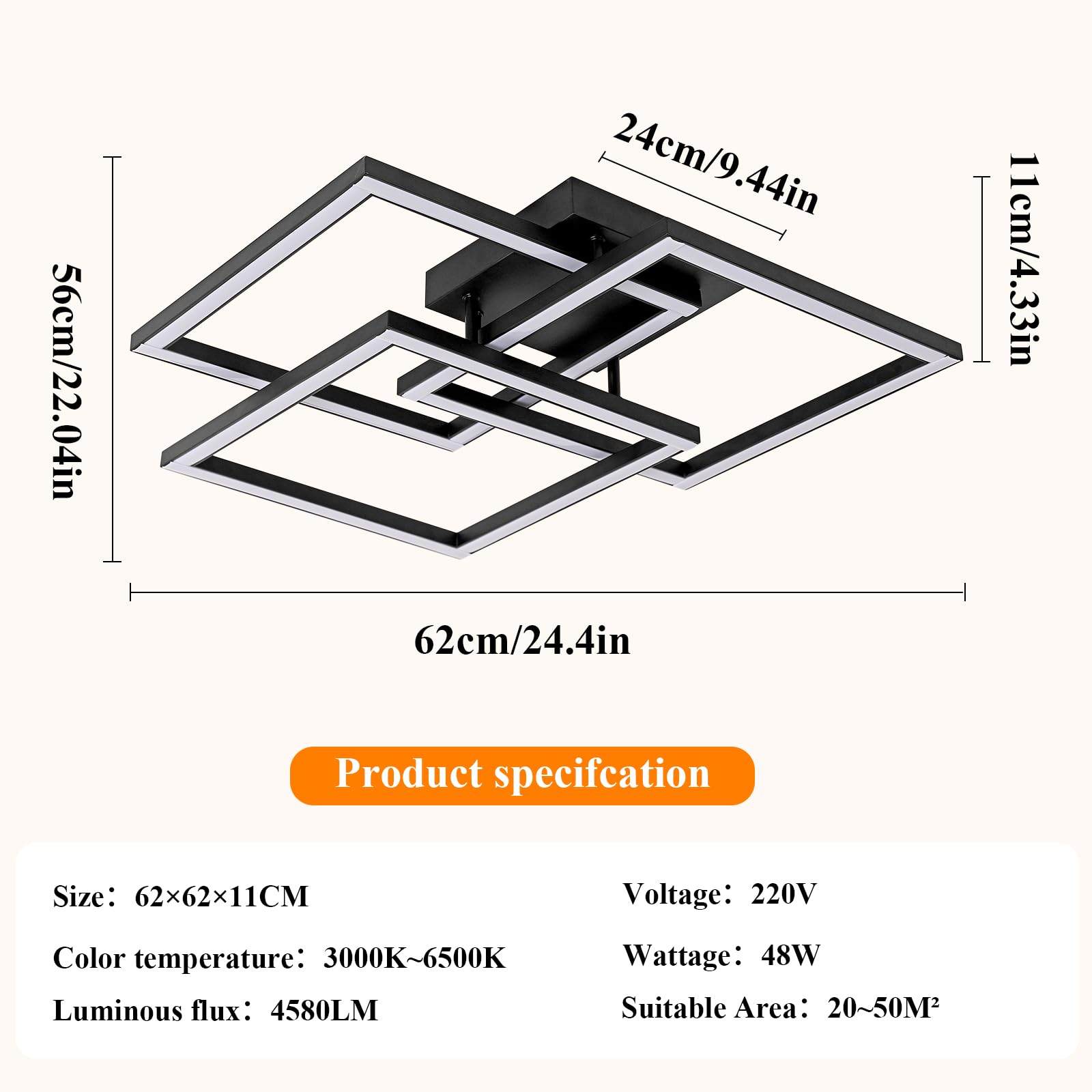 DELIPOP Plafon LED Techo, 40W Moderna Lampara LED de Techo para Salon Regulable con Mando a Distancia/APP 3000K-6500K, Negro Luz de Techo para Sala de Estar, Pasillo, Dormitorio, Comedor