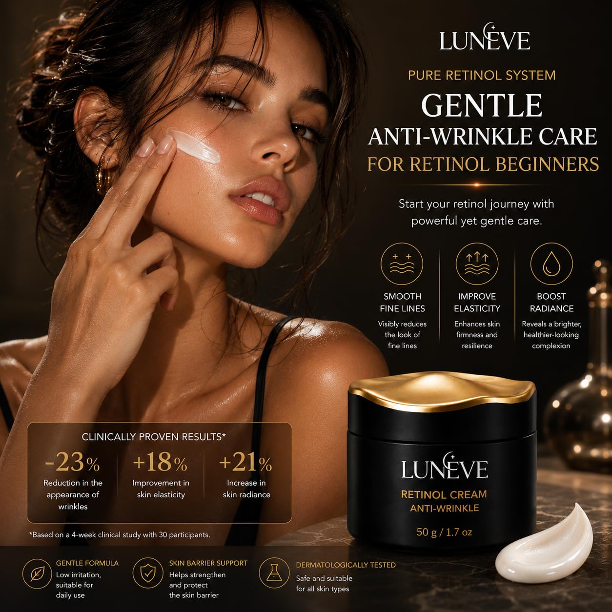 Retinol Cream 0.05% for Face, Beginner Retinol Night Cream with Panthenol, Allantoin & Hyaluronic Acid, 50 g / 1.7 oz