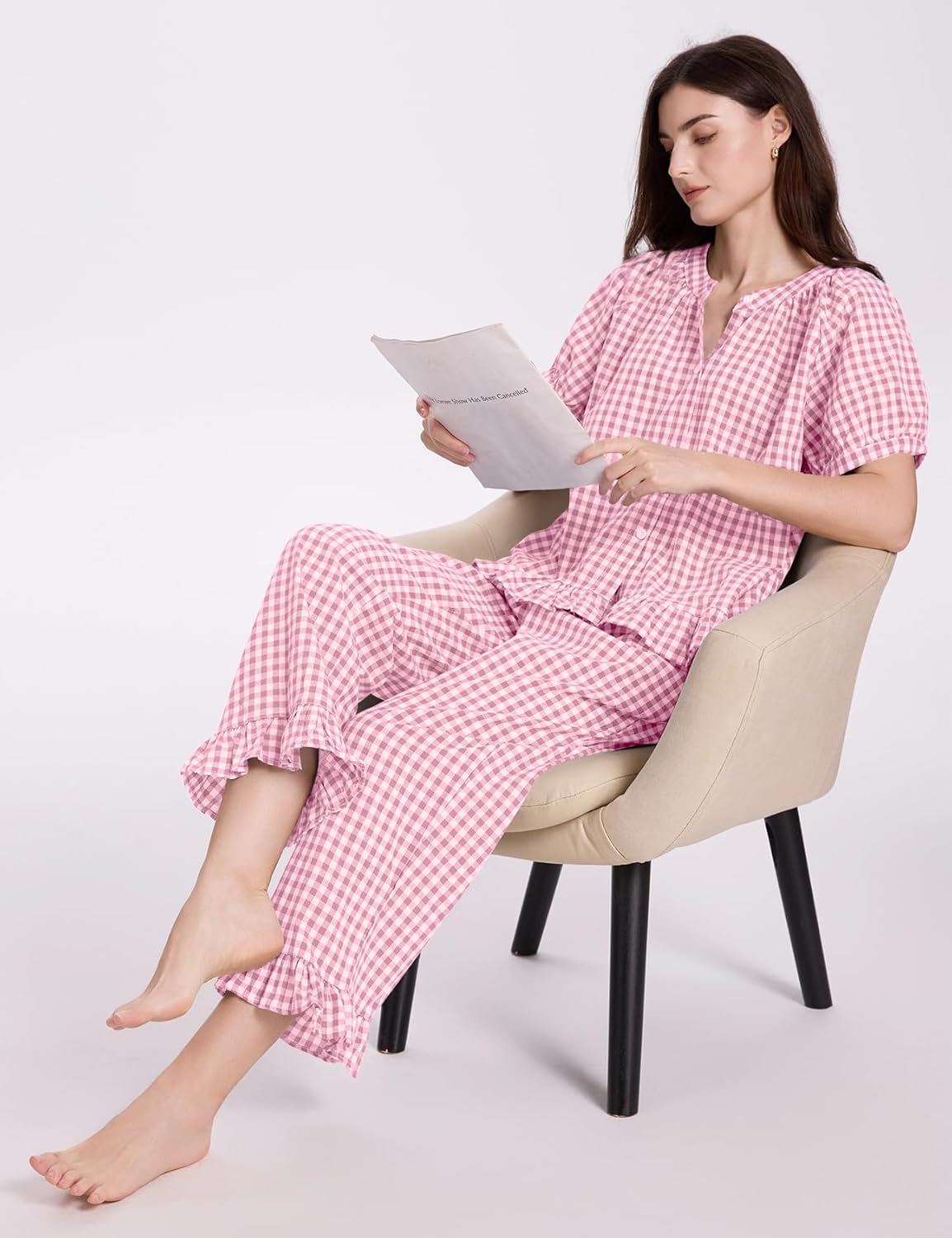 COZYPOIN Womens Gingham Pajama Set 2 Piece Plaid Cotton Pjs Cute Ruffle Sleepwear Maternity Bridesmaid Pajamas Loungewear - Image 7