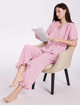 COZYPOIN Womens Gingham Pajama Set 2 Piece Plaid Cotton Pjs Cute Ruffle Sleepwear Maternity Bridesmaid Pajamas Loungewear