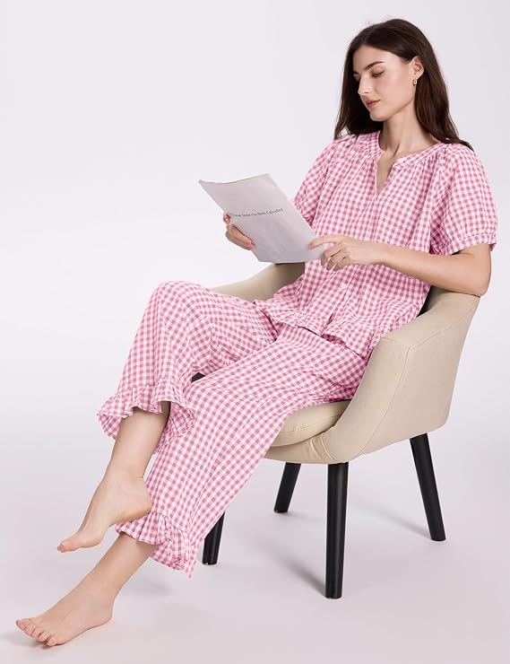 COZYPOIN Womens Gingham Pajama Set 2 Piece Plaid Cotton Pjs Cute Ruffle Sleepwear Maternity Bridesmaid Pajamas Loungewear