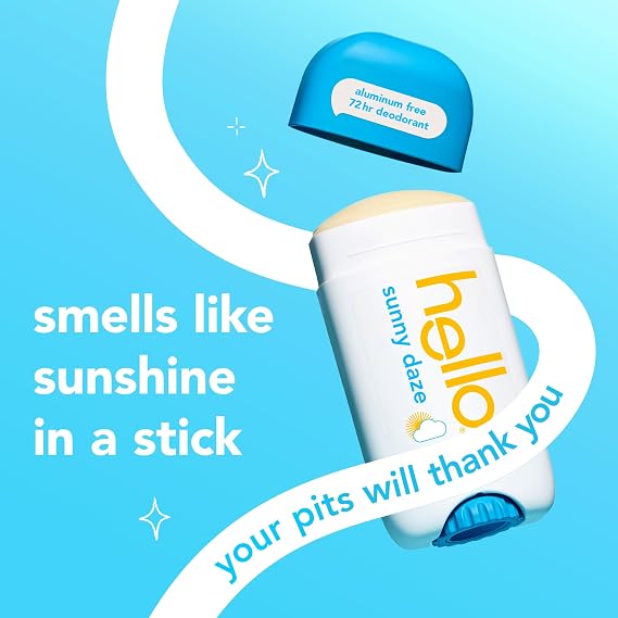 hello Sunny Daze Aluminum Free Deodorant for Women and Men, 72-Hour Deodorant, Only 9 Ingredients, Baking Soda Free, Enriched with Shea Butter, Vegan, 2.6 oz Stick Deodorant