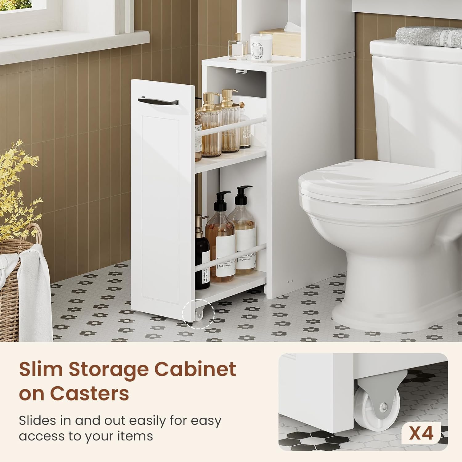 Over The Toilet Storage Cabinet with Rolling Storage Cart, Bathroom Organizers and Storage with Adjustable Shelf & Hooks, Above Toilet Rack for Bathroom, Restroom, Laundry, Save Space, White