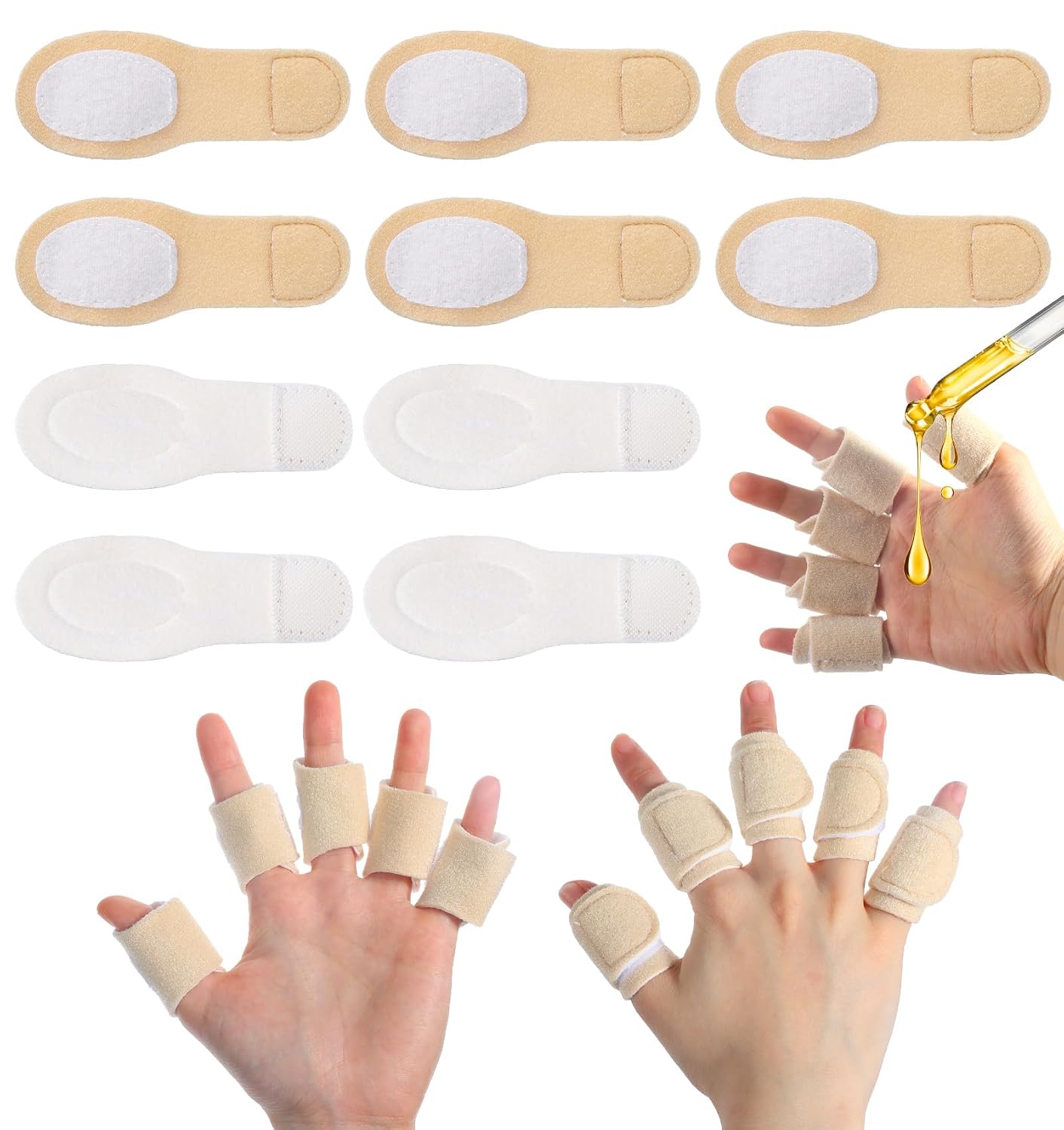 Castor Oil Pack Wrap, 10 Pcs Castor Oil Finger Wrap Reusable with Hook and Loop Self Adhesive Adjustable Design for Finger Compression (Skin Color)