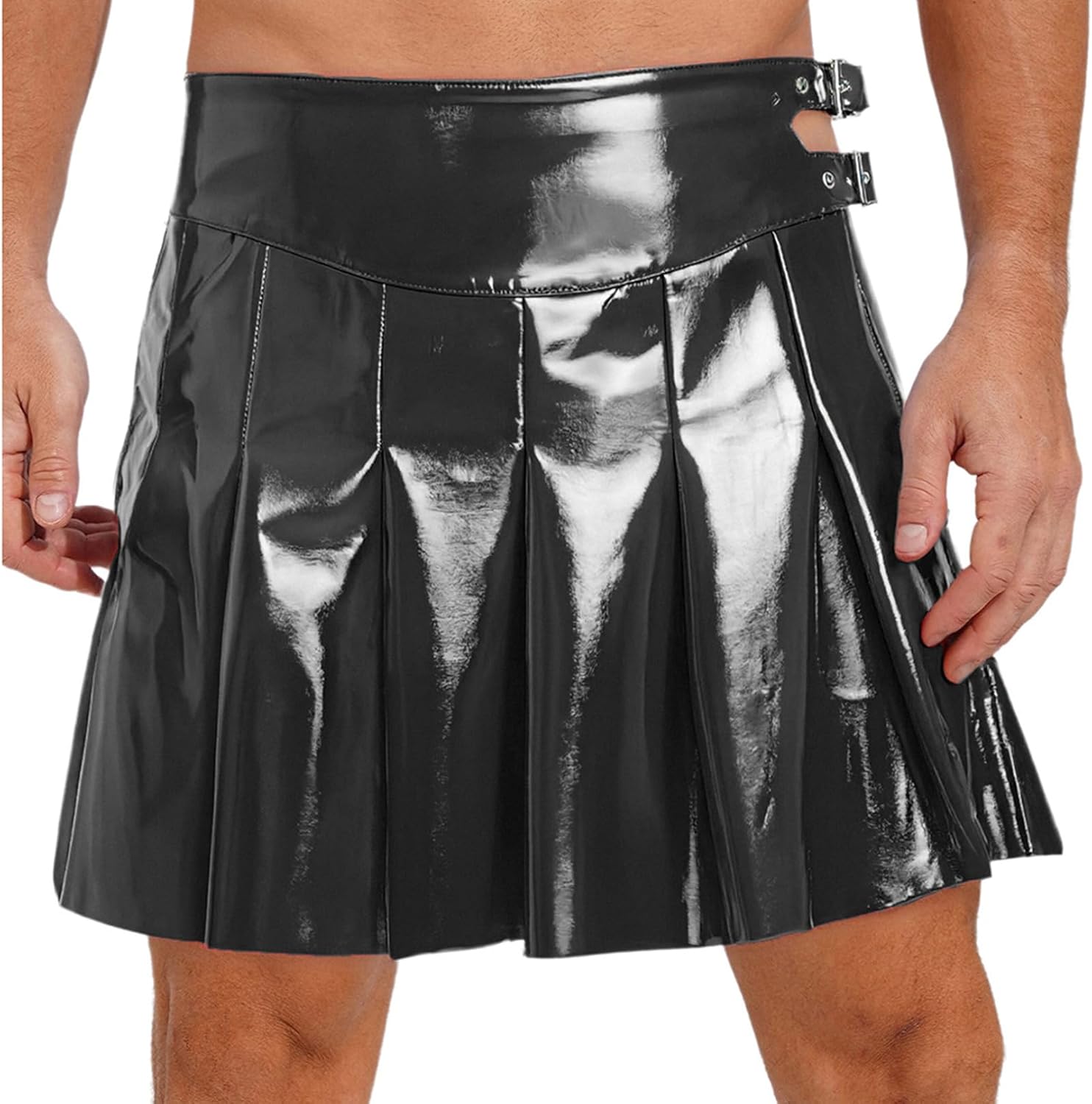 easyforever Men's Roman Gladiator Kilt Costume Knight Cosplay PU Leather Slit Pleated Mini Skirt