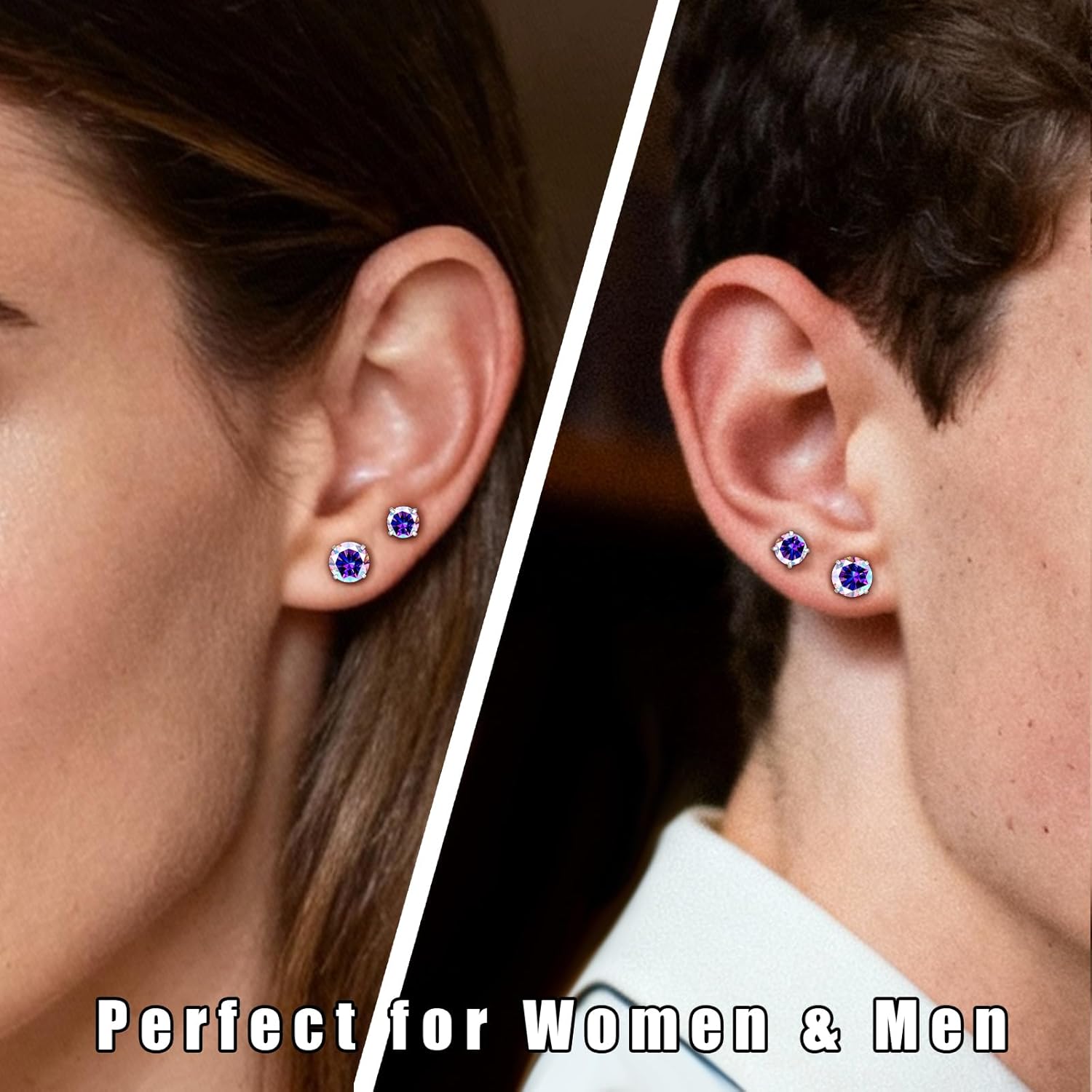 Moissanite Stud Earrings for Women & Men, 4-7.5mm Multicolor Round Cut Moissanite, Screw Back Hypoallergenic Earrings for Sensitive Ear, 18K Gold Plated Jewelry Gift, VVS Clarity