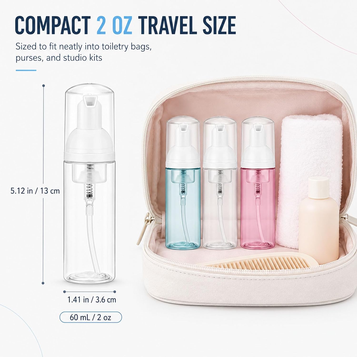 Autdor 3 Pack Travel Foam Pump Bottle 60ml/2oz - Mini Foaming Soap Dispenser & Empty Refillable Travel Pump Bottle for Face Wash, Hand Soap, Toiletries, Shampoo, Lotion - Clear Plastic Foam Bottle