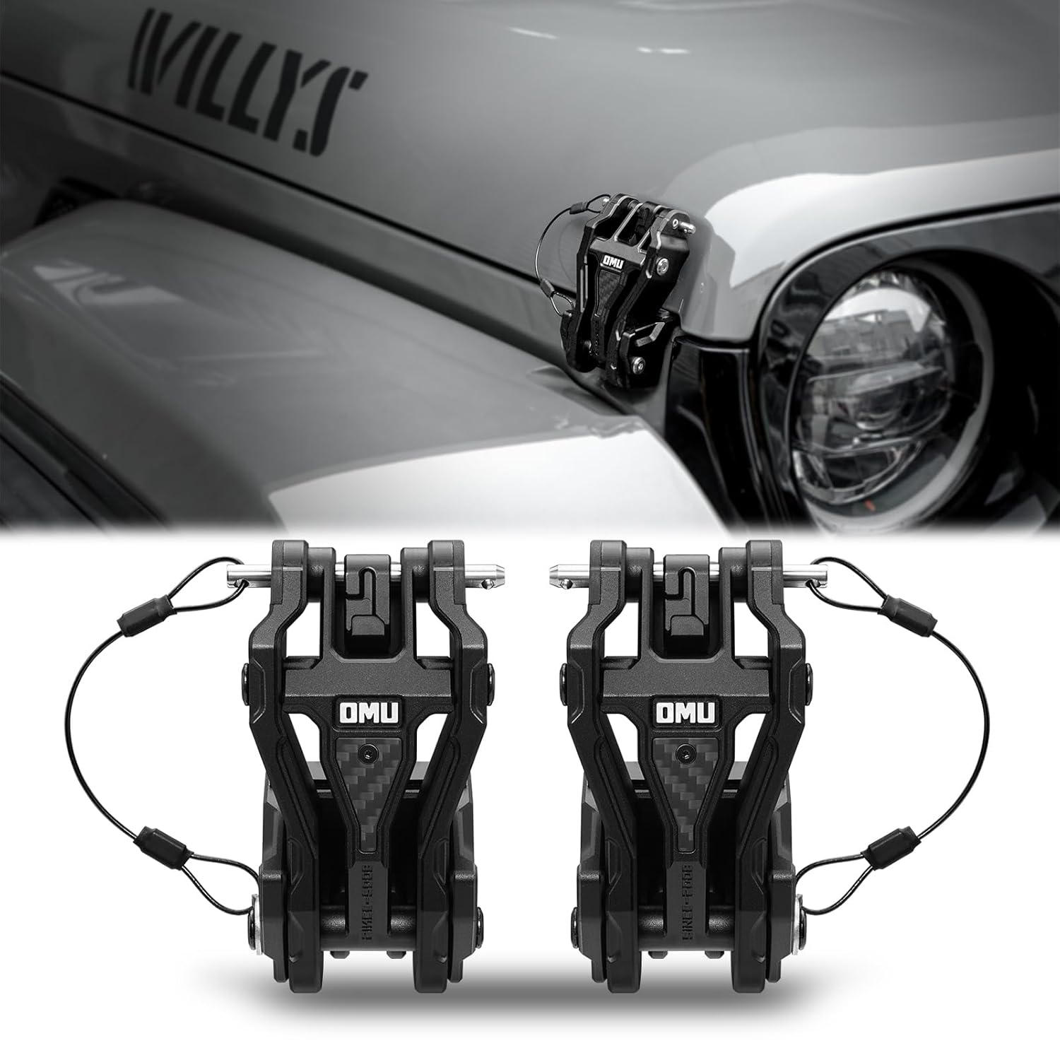 OMU Hood Latch Lock Catch Compatible with 2007-2018 Jeep Wrangler JK/JKU, Aluminum Adjustable Hood Latches for Reducing Hood Shaking, 2 Pcs