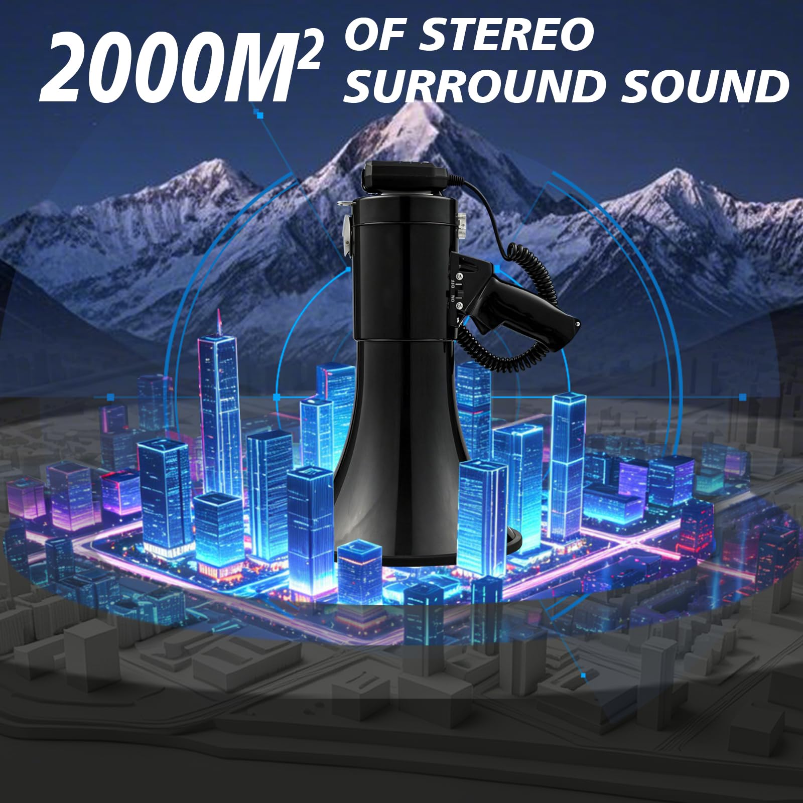 Megáfono con Bluetooth y Sirena, Alcance de 2000m, Megáfono Portátil con Micrófono Desmontable, Altavoz Recargable con Sirena para Eventos al Aire Libre, Control de Multitudes, Deporte
