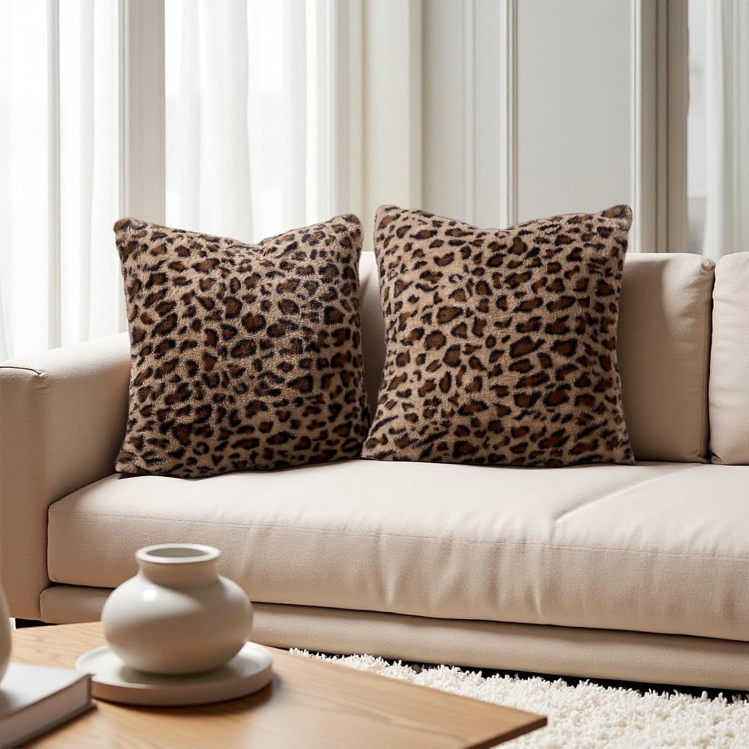 Cheetah Pillow Covers 18x18, Faux Fur Leopard Pillow Covers Set of 2, Soft Fluffy Double-Sided Decorative Cheetah Print Throw Pillowcases for Couch Sofa and Room Decor
