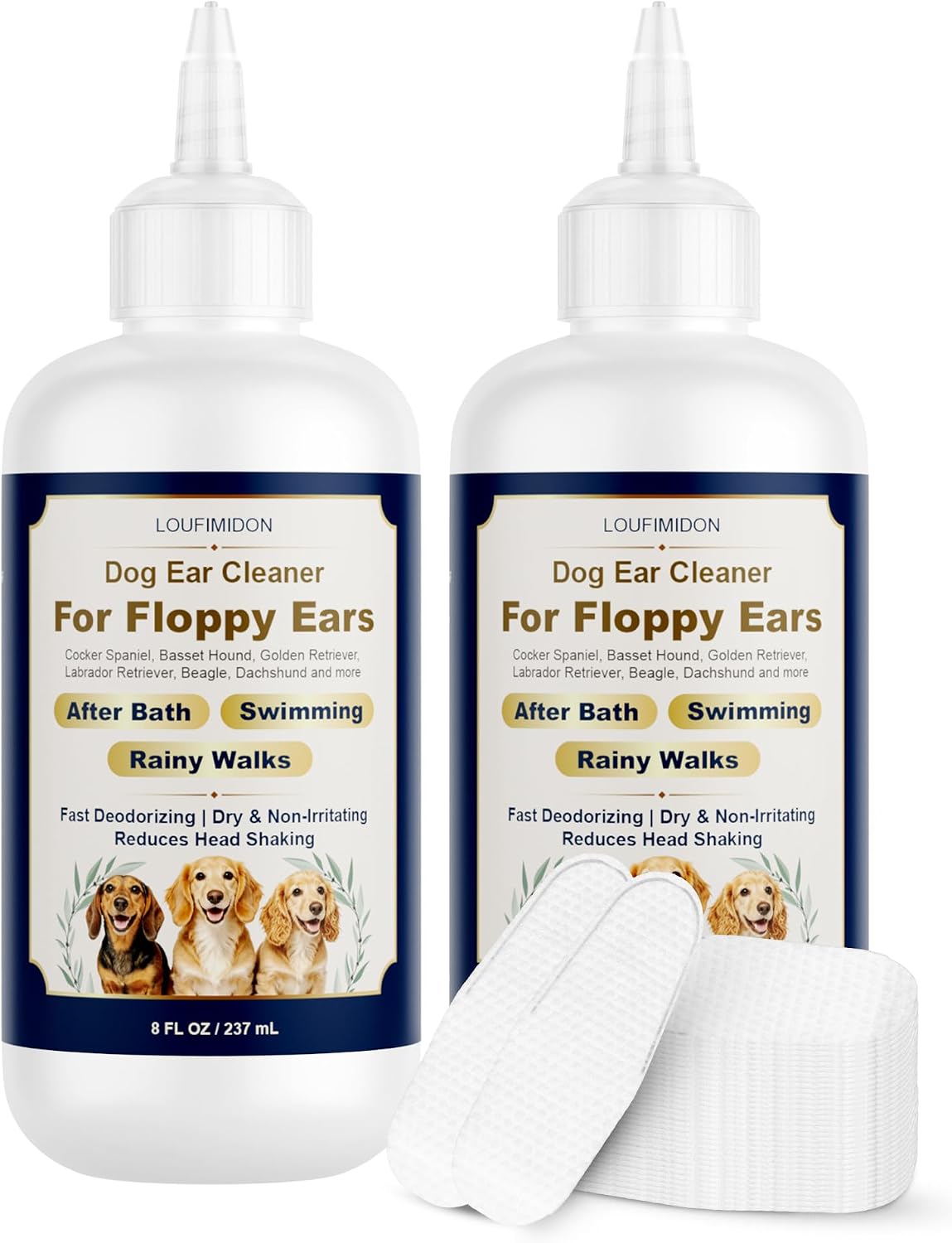 Dog Ear Cleaner Solution with Finger Wipes 8 oz Each 2 Bottles | Dog Ear Wipes For Floppy Ears, Fast Deodorizing Dog Ear Wash After Bath & Swimming Rainy Walk, Unscented Dog Wipes