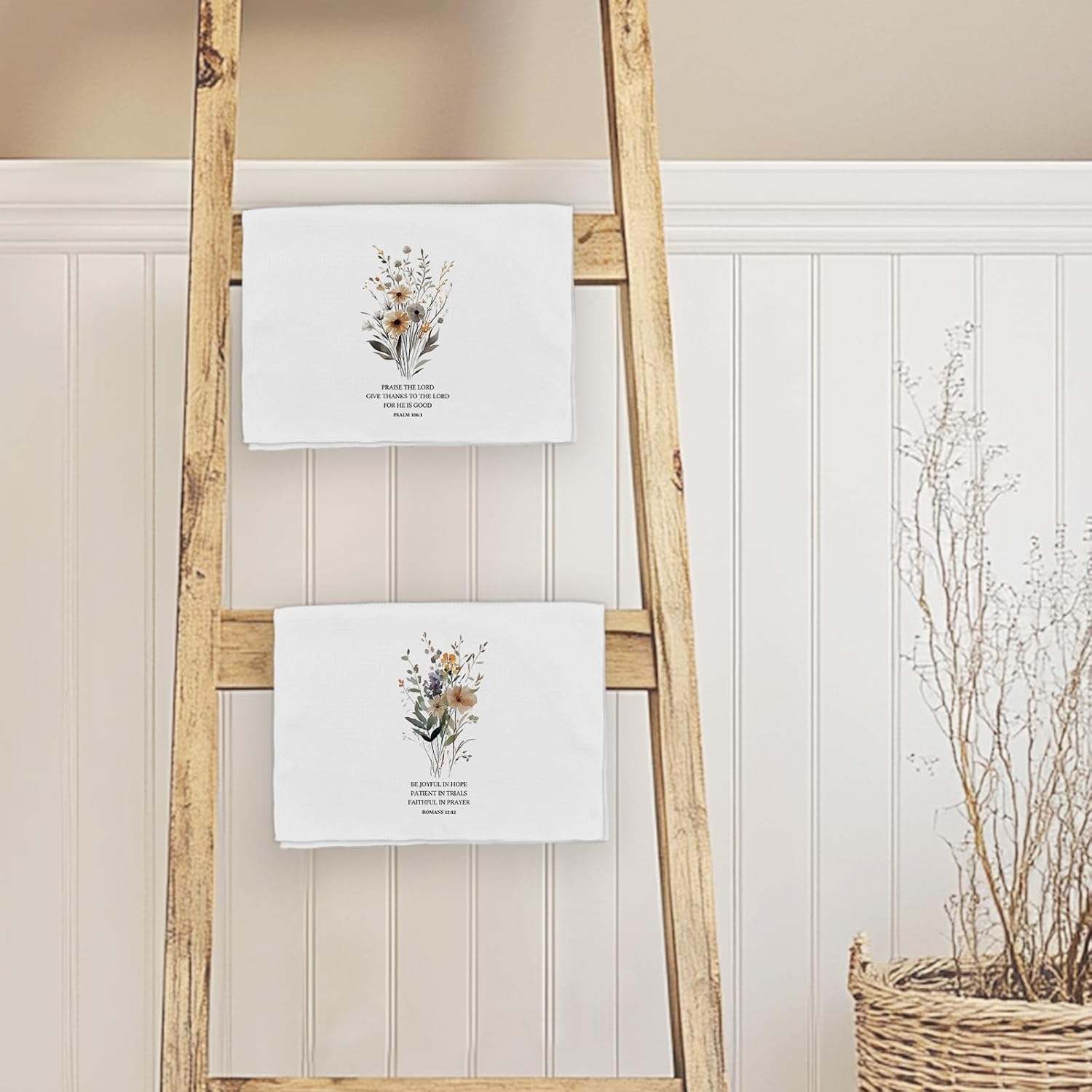 Christian Floral Gifts for Women Kitchen Towels Set of 2, Bible Verse Be Joyful in Hope Romans 12:12 Psalm 106:1 Dish Hand Tea Towel, Religious Decorative Towel for Bathroom Kitchen, 16x24 in - Image 6