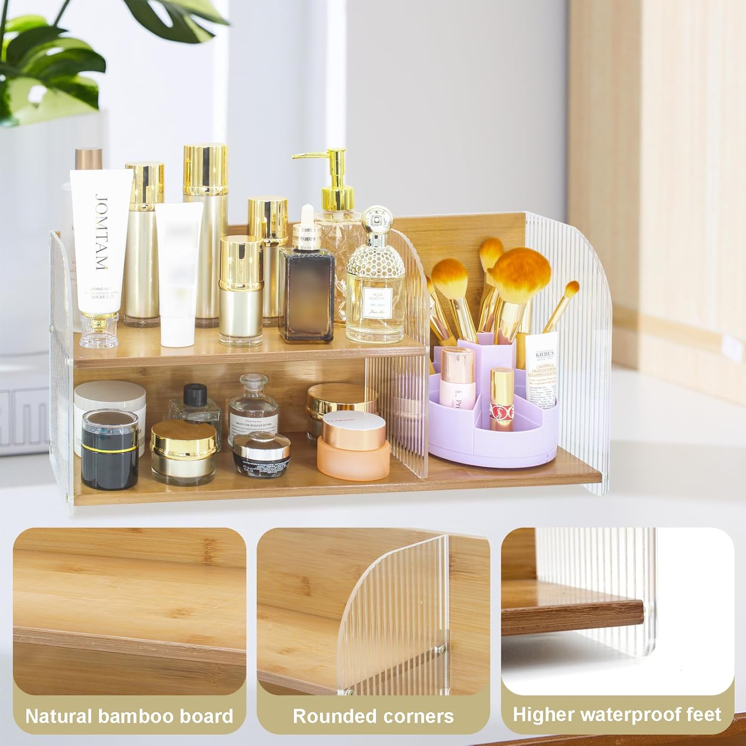 2-Tier Acrylic Makeup Organizer & Skincare Storage Cabinet Countertop Bamboo Desktop Organizer for Cosmetics, Skincare, and Essentials -Brown