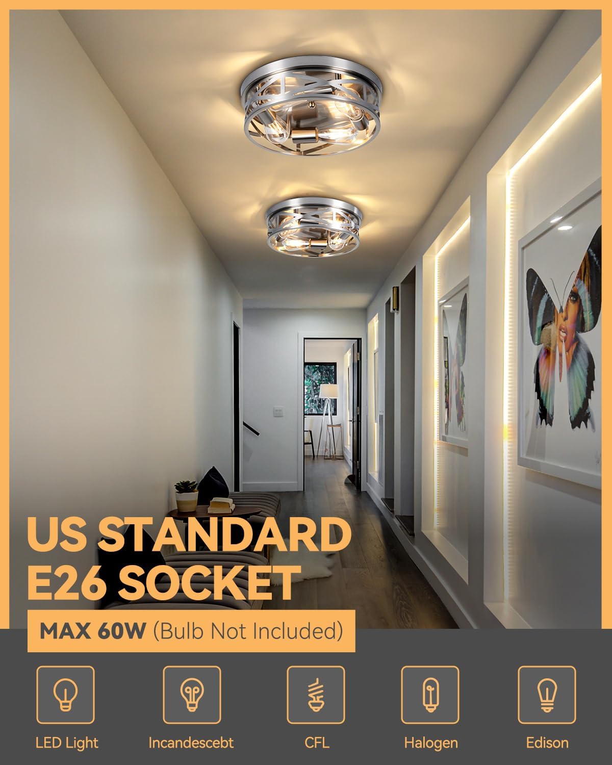 13 Inch Close to Ceiling Lights, 2 Pack Brushed Nickle Flush Mount Ceiling Light Fixture, Modern 4-Light Metal Cage Indoor Kitchen Ceiling Lights for House Hallway Bedroom Living Room