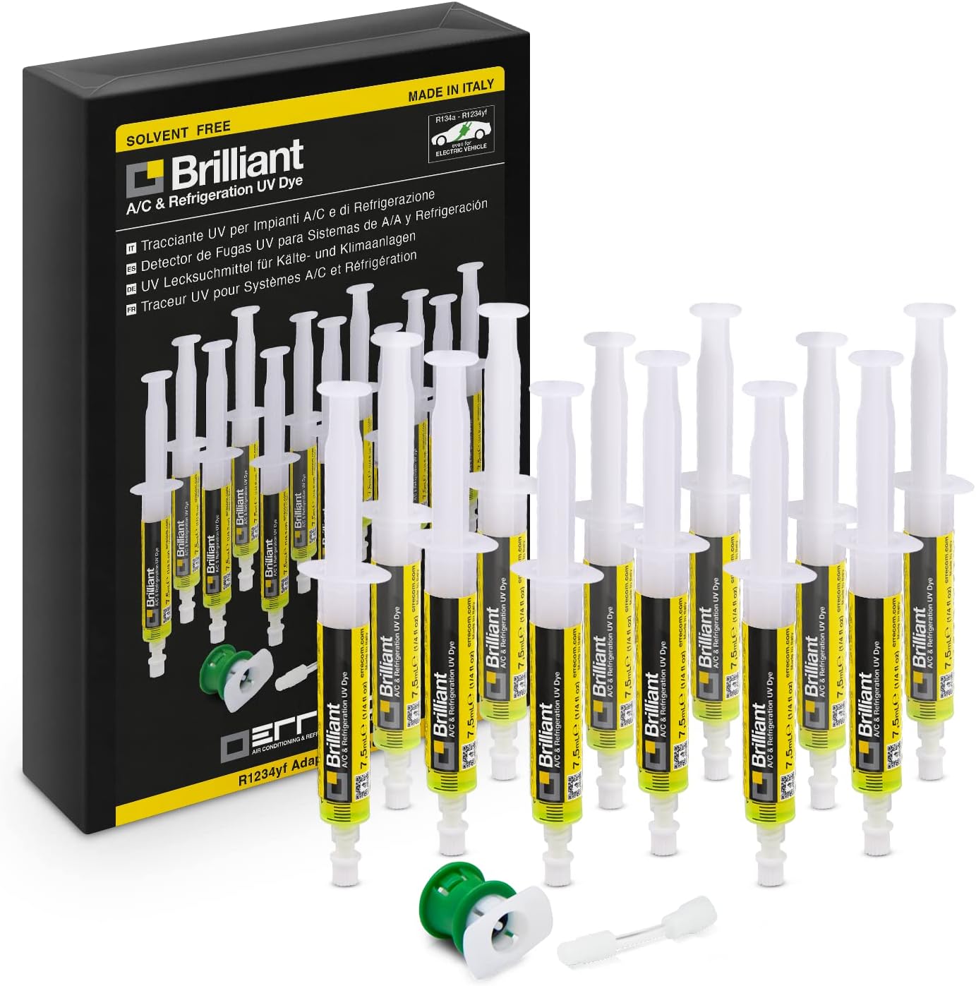 ERRECOM Brilliant - 12 x 7.5 ml, Fluorescent UV Dye for Detecting Refrigerant Gas Leaks in Vehicle A/C Systems, includes R1234yf adapter