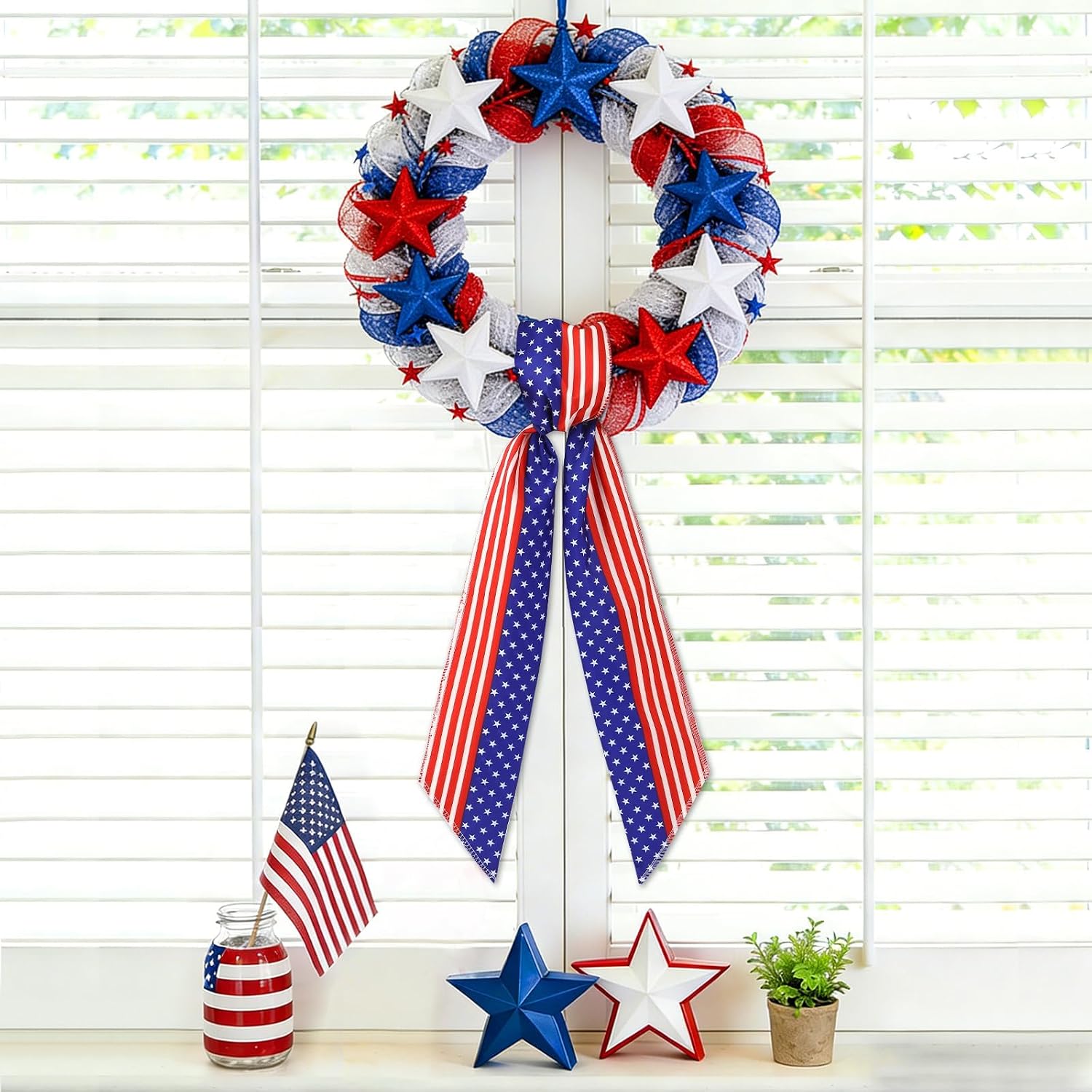 JULBEAR Patriotic Wreath Sash Kit 4 Pack Red White Blue Satin Garland Ribbons DIY Bow Accessories for Independence Day Front Door Yard Wall Decoration 57 inches x 4.5 inches
