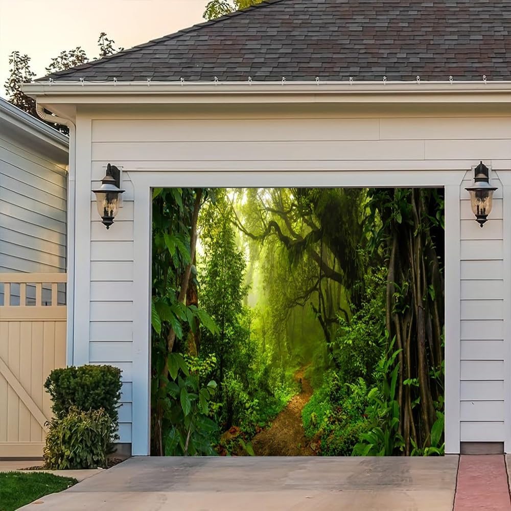 Leyiyi 6x13ft Jungle Forest Garage Door Banner Cover with Grommets Evergreen Forest Jungle Rainforest Old Trees Natural Scenery Wall Door Banner Cover Outdoorsy Camping Theme Party Decorations