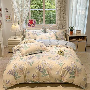 King 100% Cotton Reversible Duvet Cover Set Blue Floral Leaf | 3 PCS King size bedding. Breathable 100% cotton with reversible floral print. Perfect for chic garden or botanical decor.