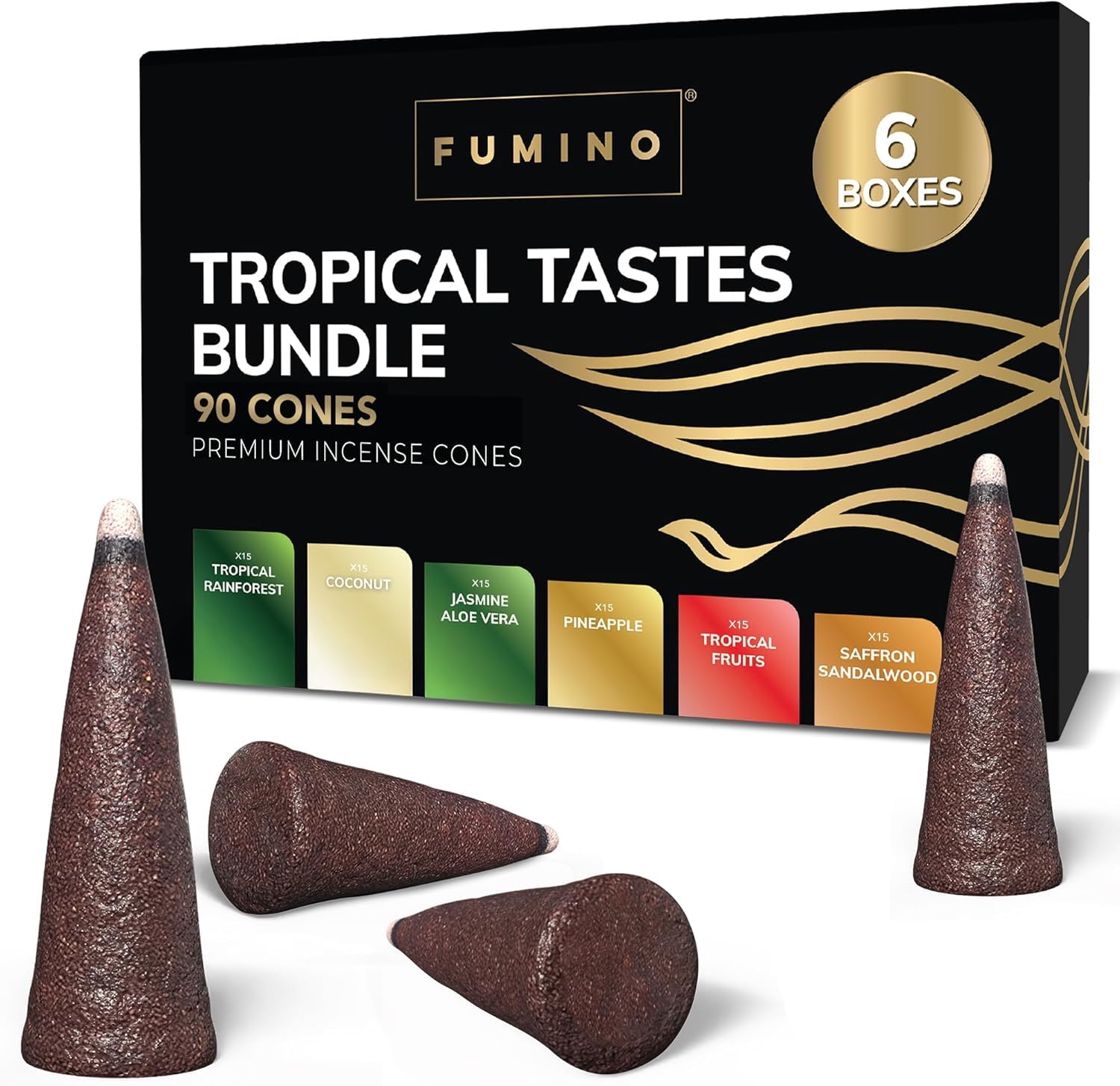 Incense Cones Fumino Fresh Multipack Tropical Tastes Bundle 6 Boxes 90 Pieces Masala Agarbatti Joss Fragrance for Relaxation and Meditation, Home and House Decor Scent