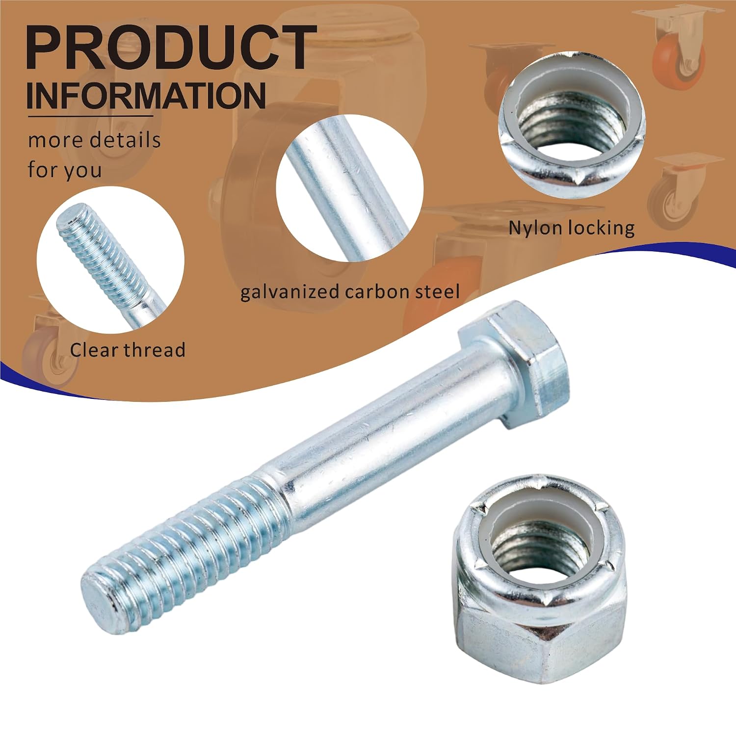8-Set 3/8"-16 x 2.36inch Bolts and Nuts Set,Galvanized Carbon Steel,Universal Wheel Replacement Kit with Nylon Lock Nuts,for Hand carts, Shopping carts, and Maintenance Replacements