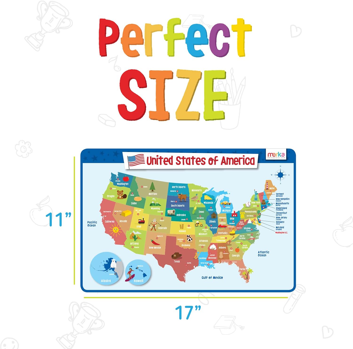 Merka Kids Educational Placemat Set 4-Pack - 17 x 11 in Multicolor Silicone - Washable & Reusable with Secure Grip Backing - Map Placemats for Kids, Solar System, Human Body, World & US Map