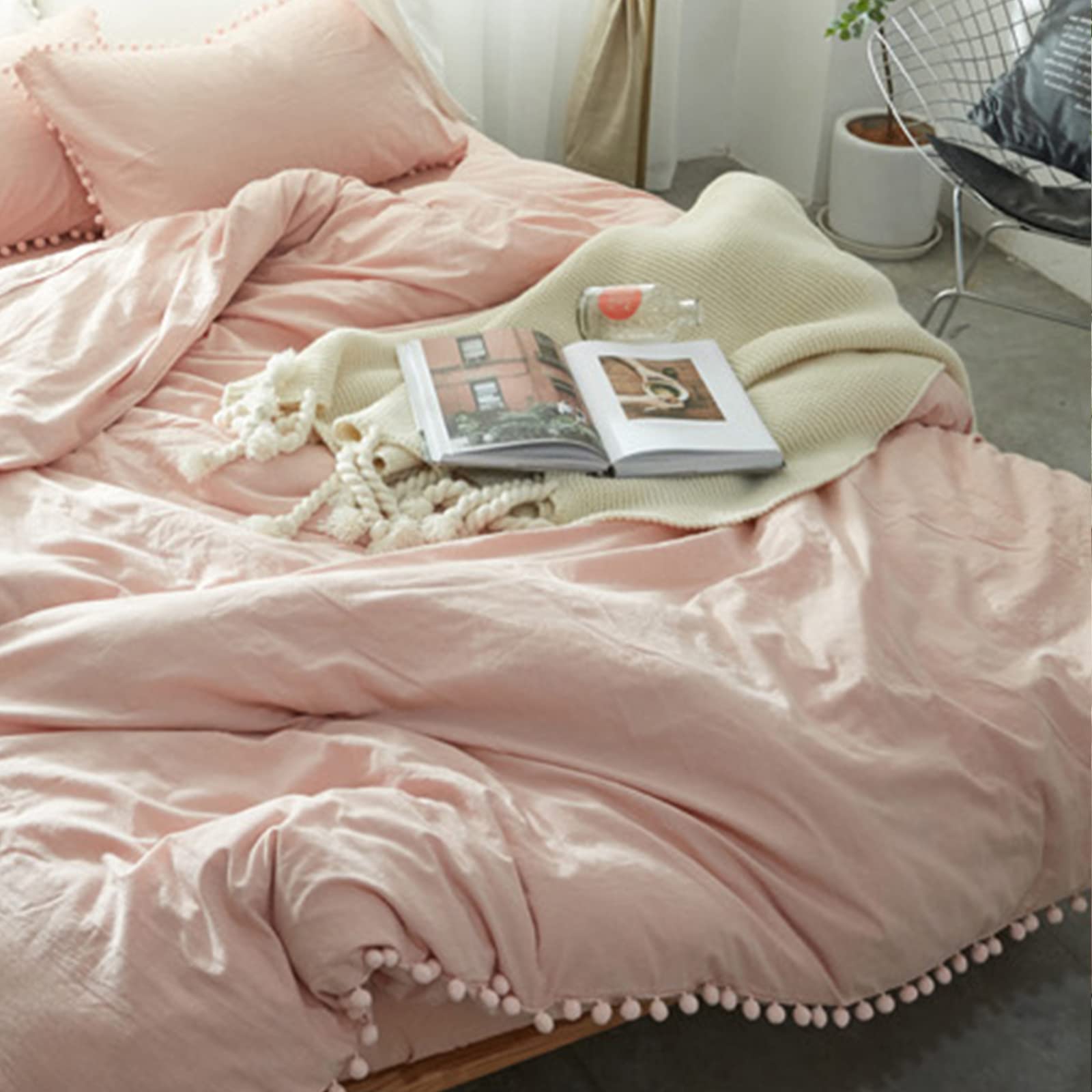Housse de couette en coton lavé 150x200 avec franges style moderne et fermeture éclair