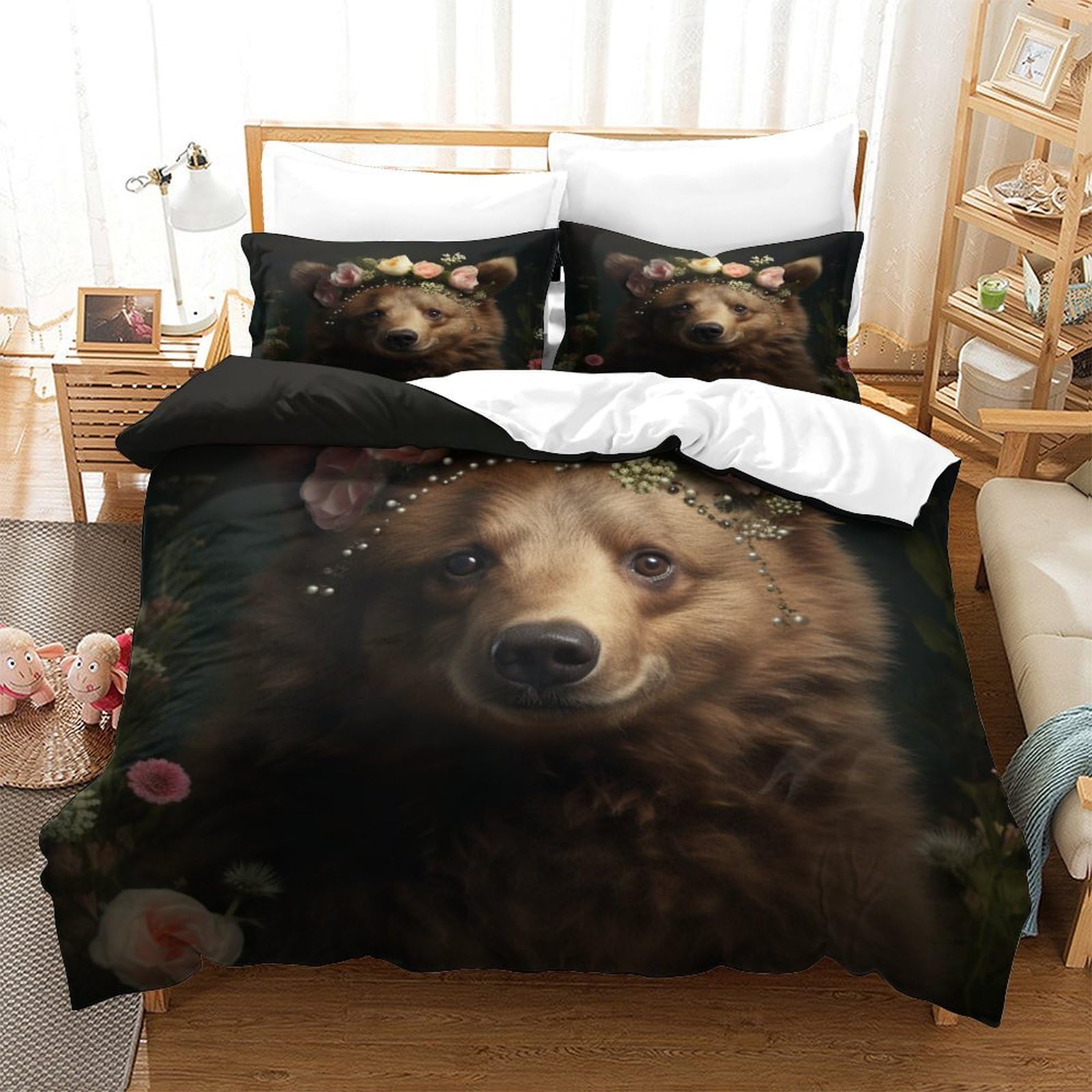 P1S9U7W5Y 3D Printed Floral Bear 3 Piece Duvet Cover Set Microfiber Bedroom Decor Animal Flowers Bedding Set for Adults Teens King（220x240cm）