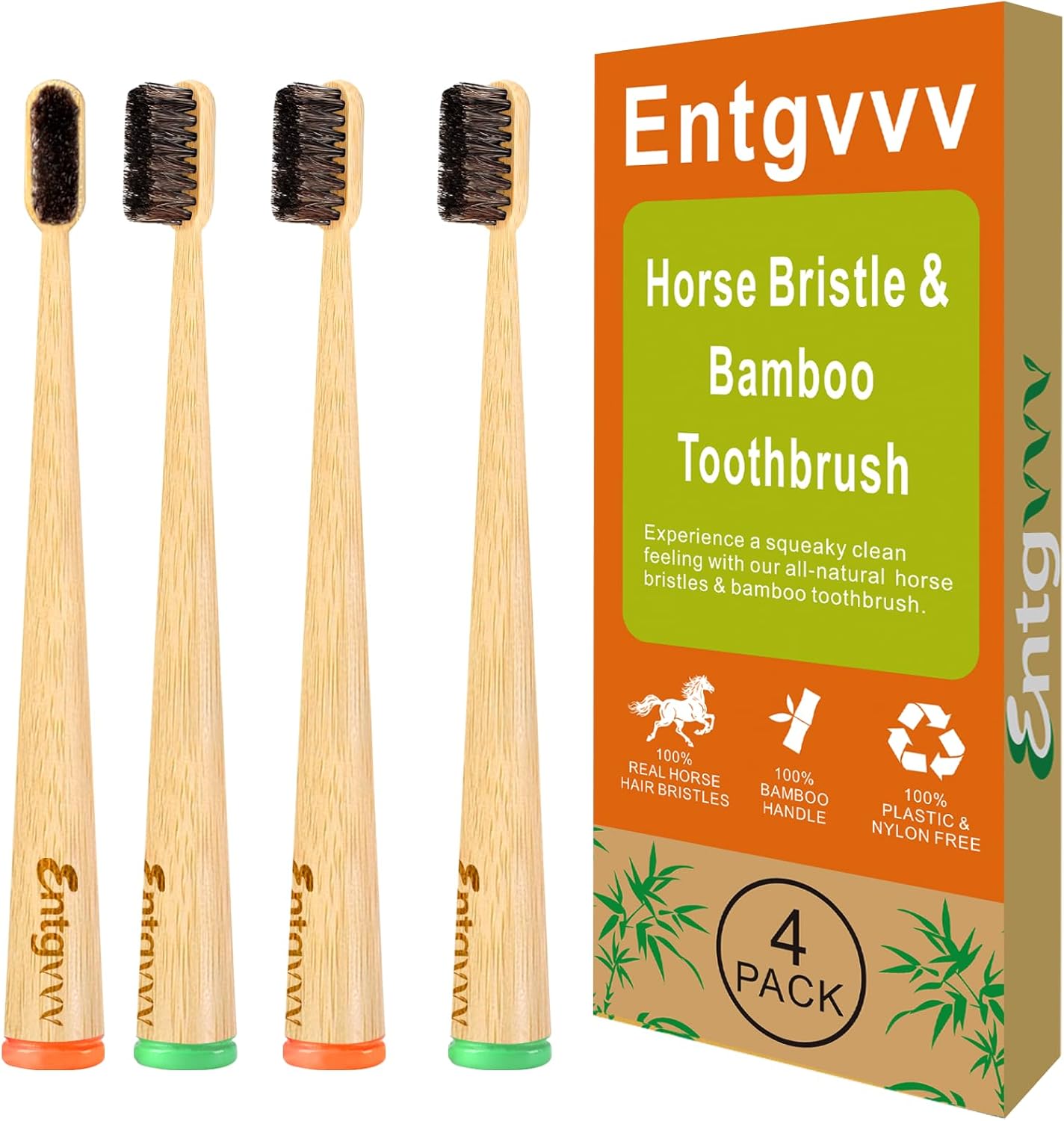 Horse Bristle Bamboo Toothbrush, Non Plastic Wooden Toothbrushes, 4 Pack Plastic Free Natural Organic Toothbrush, Individually Packaged Portable Manual Wood Toothbrush for Adult, Women, Men