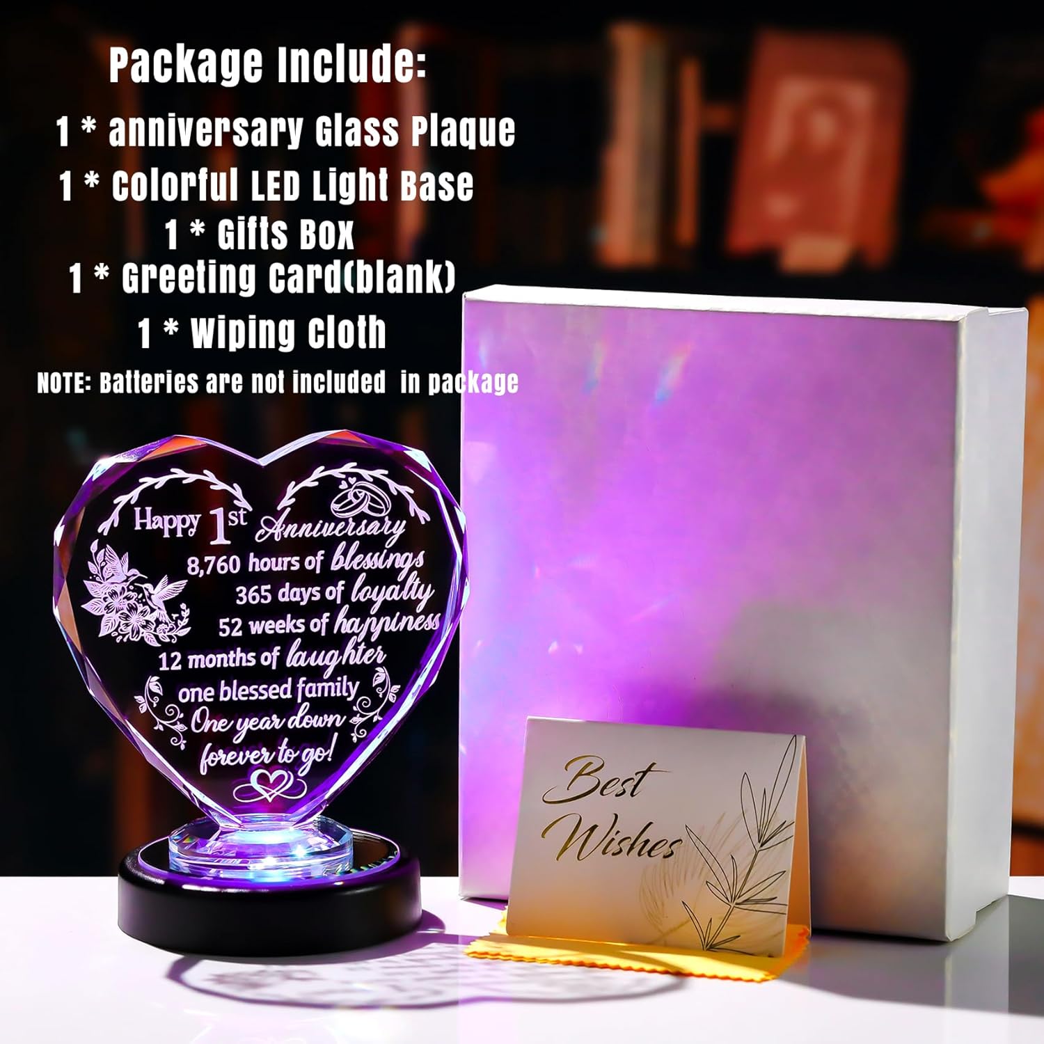 1st Anniversary Romantic Gifts for Girlfriend Couple, Crystal Heart Plaque with Multicolor LED Light Base, 1 Year Anniversary Wedding Gift for Him Boyfriend