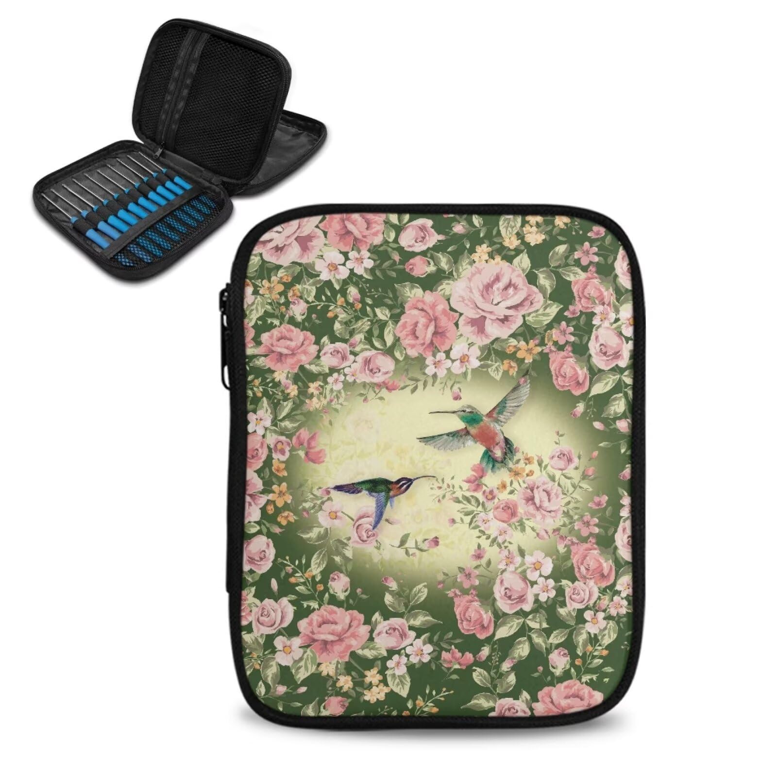 Wiryuouvt Hummingbird Crochet Hook Organizer Pink Flower Cute Interchangeable Knitting Needle Case Portable Needle Case Crochet Hook Holder Organizer Knitting Needle Case