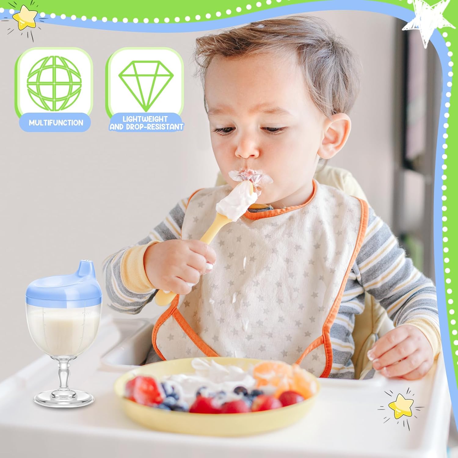 Irenare 2 Pcs Baby Wine Sippy Cup Plastic Goblet Cup No Spill Toddler Sippy Goblet Beverage Milk Water Bottle for Kids Holiday Birthday Party Funny Gift (Goblet Style,Blue,Green)