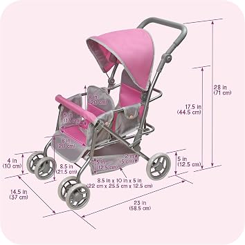 Badger Basket Double Doll Stroller with Storage Basket - Pink/Grey | Double stroller fits up to 20 dolls; adjustable handle, swivel wheels, storage basket, seat belts & padded handle.