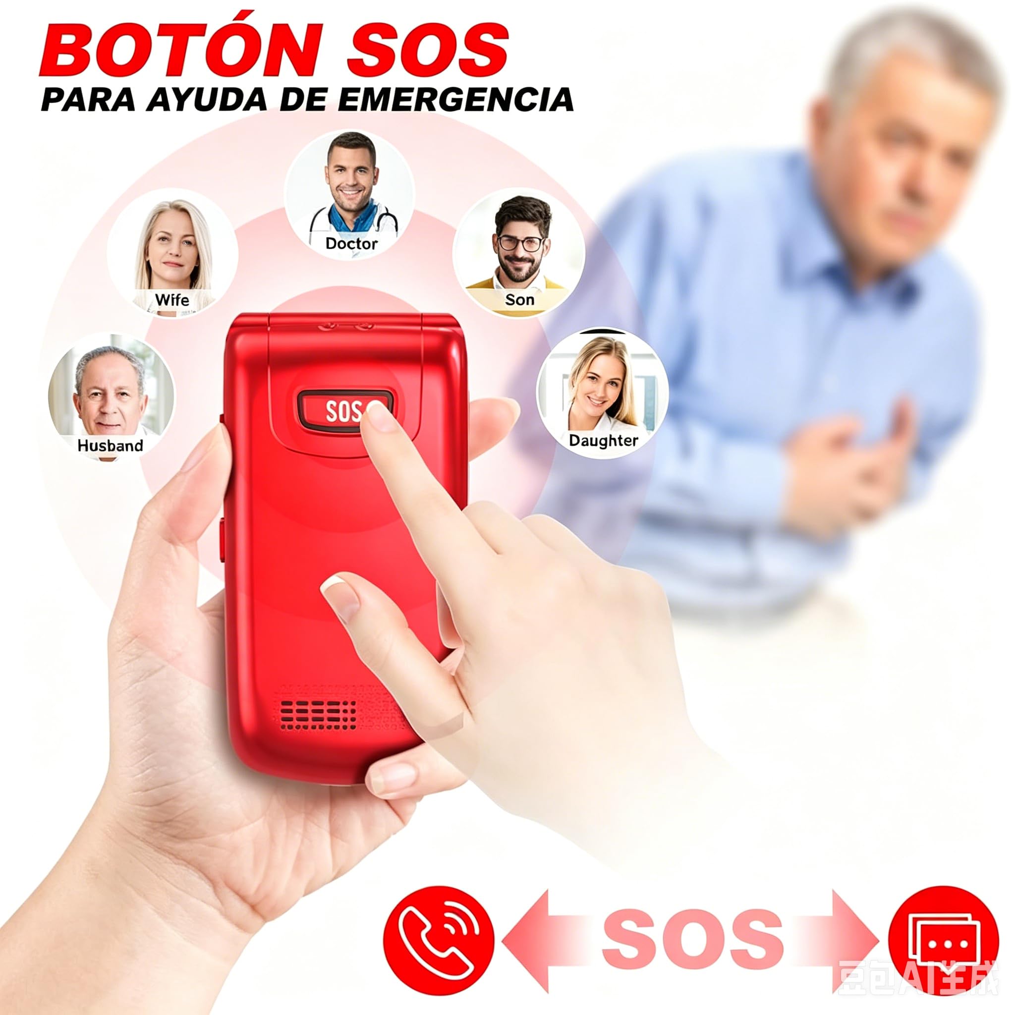 CHAKEYAKE Teléfono para Mayores con Teclas Grandes, Teléfono Móvil con Doble Pantalla 2,4'' + 1,77'', Volumen Alto, Botón SOS, Base de Carga, Cámara, Marcación Rápida, Libre, Rojo