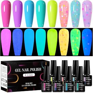 MEET ACROSS 8 Colors Glows in The Dark Nail Polish Set Luminous Macaron Gel Nail Polish Set Soak Off UV Gel With Glow Effect Full Coverage Easy to Use Gel Polish Holiday Gifts