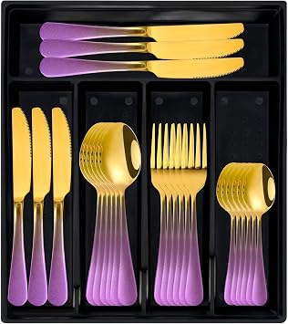 New Gradient Purple Gold Silverware Set for Family Dining Room,24-Piece Flatware Set with Organizer,Heavy Duty Stainless Steel Silverware for 6,Rust-proof Stainless Steel Cutlery Black
