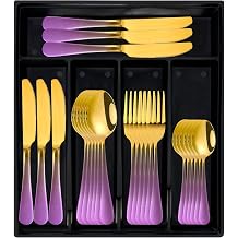 New Gradient Purple Gold Silverware Set for Family Dining Room,24-Piece Flatware Set with Organizer,Heavy Duty Stainless Steel Silverware for 6,Rust-proof Stainless Steel Cutlery Black