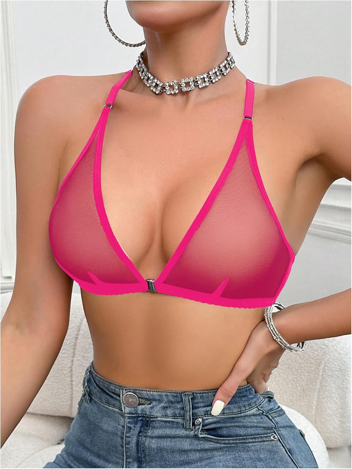 SOLY HUX Women's Sheer Mesh Through Bra Sheer Bralette Front Closure Deep V Neck Wireless Lingerie Sexy Lingerie Bra - Image 5