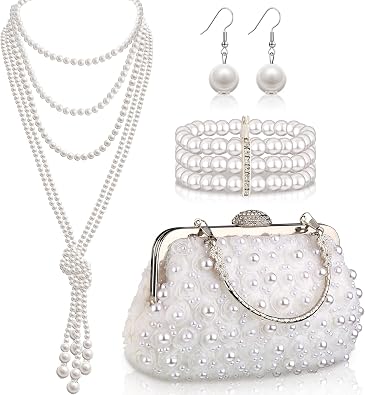 4 Pcs 1920s Pearl Jewelry Set for Women with Vintage Clutch with Chain Faux Pearl Dangle Earring Multi Strands Bracelet and Necklace for Wedding Prom Evening Anniversary Party Supplies